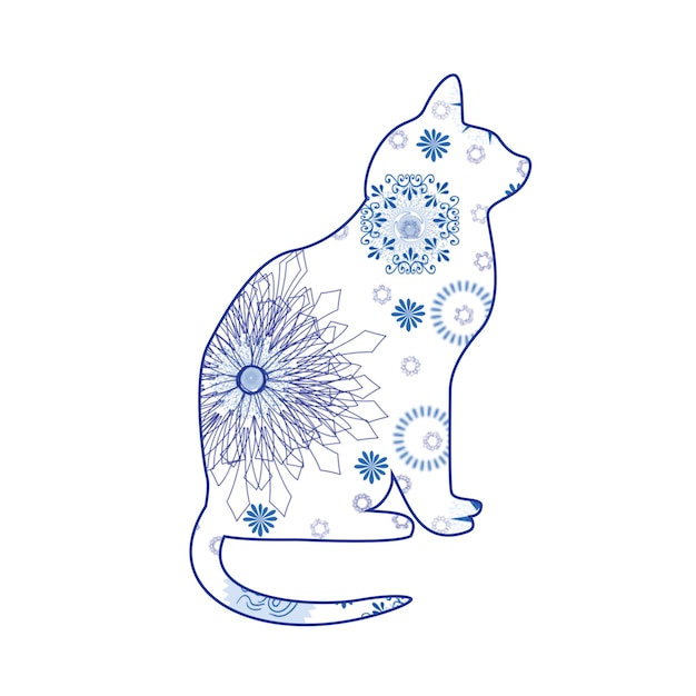 Silueta del gato en el patrón sin costuras ikatTejido étnicoMotivo ornamental para la página web de tela