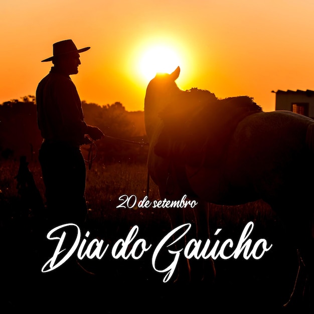 Silueta de gaucho con caballo en el campo al atardecer