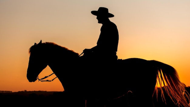 Silueta de un gaucho con sombrero a caballo al atardecer