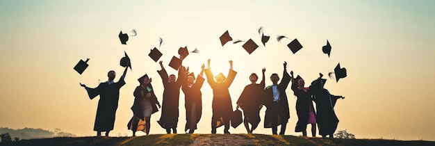 Silueta de graduados jubilosos lanzando gorras al amanecer un nuevo comienzo en el horizonte