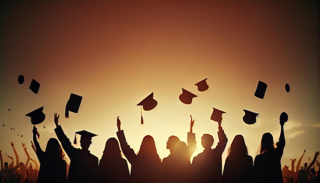 Silueta de graduados de muchos estudiantes felices en la puesta de sol Imagen generada por Ai