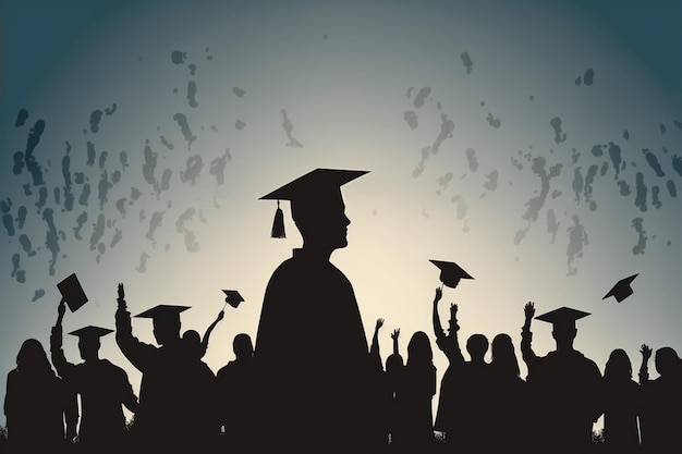 Silueta de graduados de muchos estudiantes felices en túnicas lanzando sus sombreros de graduación en el aire Generación de IA