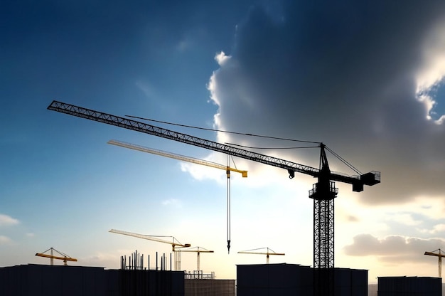 Silueta de una grúa industrial en el sitio de construcción Edificio de la casa en el cielo azul Construcción y renovación de edificios Concepto Grúas industriales en el lugar de creación Vista aérea Copiar banner de espacio de texto