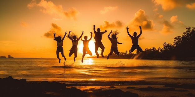 Silueta Grupo de amigos saltando en la playa Fondo de puesta de sol de verano IA generativa