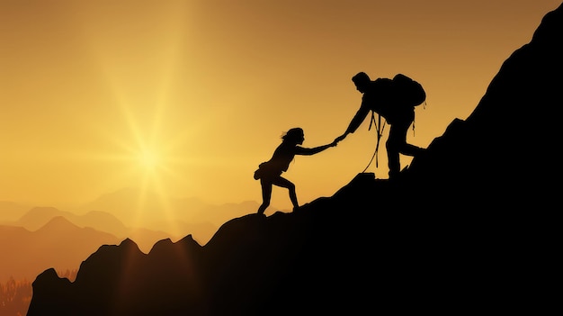 Foto silueta de un grupo de escaladores en la cima de una montaña