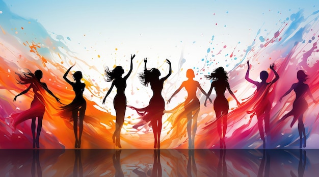 Silueta de un grupo de mujeres bailando en un fondo colorido Arte abstracto primer plano extremo IA generativa