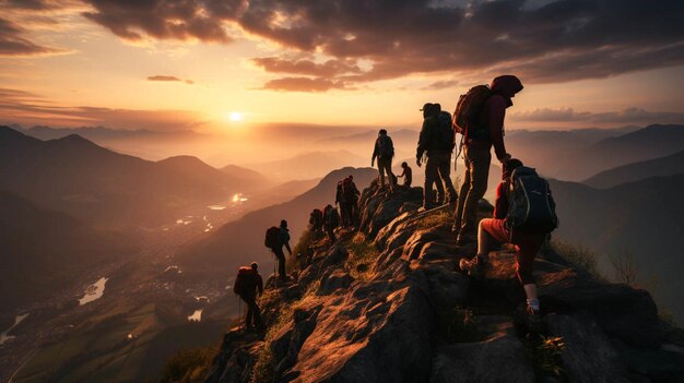 silueta Grupo de personas escalando la montaña durante la puesta de sol para ayudar al trabajo en equipo