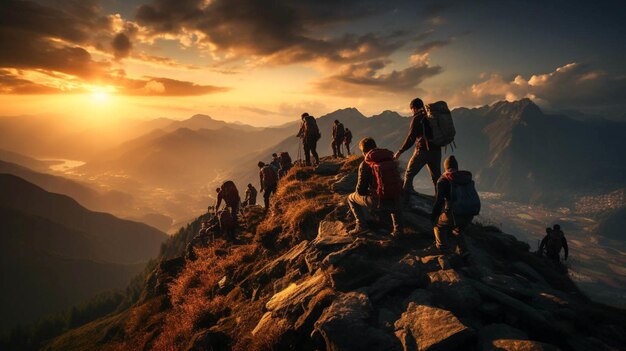 silueta Grupo de personas escalando la montaña durante la puesta de sol para ayudar al trabajo en equipo