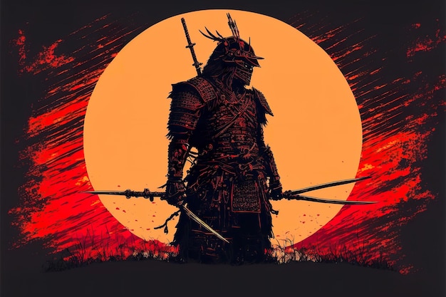 La silueta de una guerra samurái contra el fondo del sol.