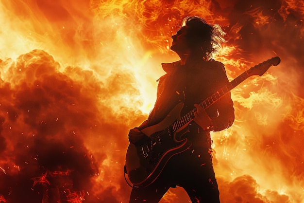 Silueta de un guitarrista de rock envuelto en una luz ardiente que simboliza la energía, la pasión y el poder en una actuación de música en vivo