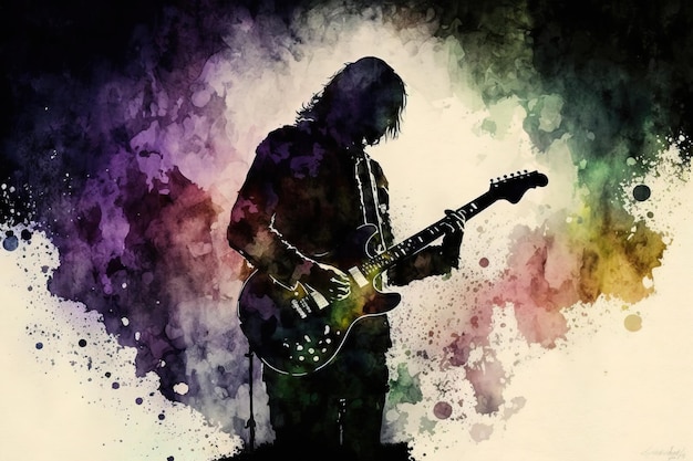 Una silueta de guitarrista de rock con humo colorido en la ilustración de diseño de estilo de color de agua