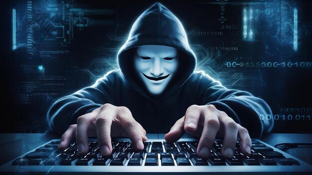 Silueta de un hacker anónimo con capucha en el código binario