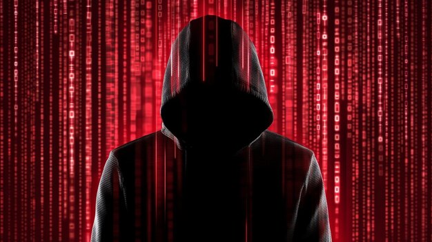 Silueta de hacker anónimo contra el fondo de código binario rojo