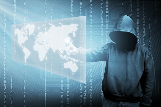 Silueta de hacker de computadora del hombre encapuchado con datos binarios y términos de seguridad de red