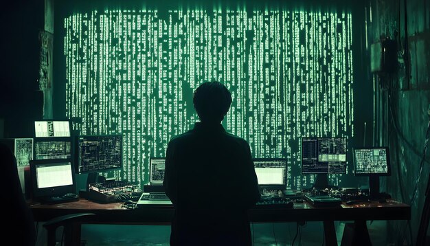 Una silueta de un hacker contra una pared de código verde