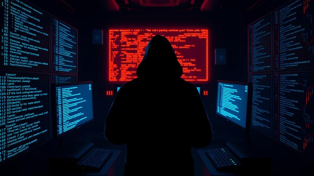 Una silueta de hacker en una habitación oscura con pantallas de computadora brillantes que muestran códigos encriptados