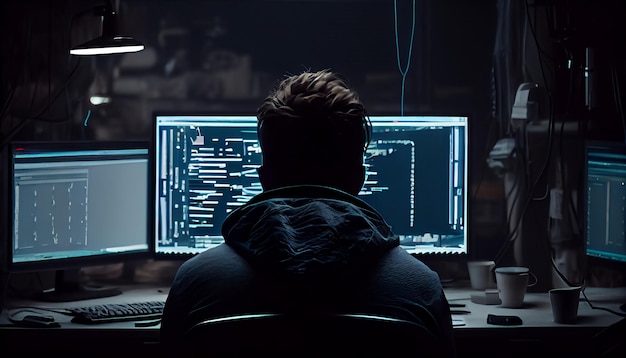 Silueta de un hacker masculino que rompe el cifrado del cortafuegos para plantar un virus troyano que busca robar datos valiosos