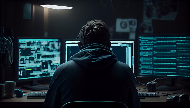 Foto silueta de un hacker masculino que rompe el cifrado del cortafuegos para plantar un virus troyano que busca robar datos valiosos
