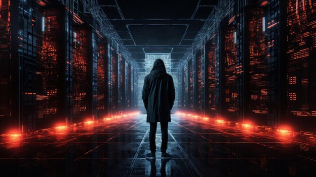 Silueta de un hacker masculino en una sala de servidores generada por una red neuronal de IA