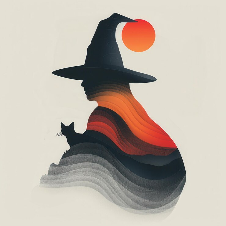 Una silueta de Halloween de una bruja con un gato con olas vibrantes y un trasfondo de puesta de sol