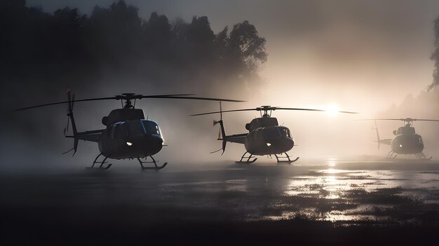 Silueta de helicópteros militares en la niebla al amanecer Helicóptero de rescate militar