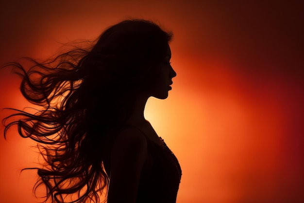silueta de una hermosa mujer con el pelo largo delante de un fondo naranja