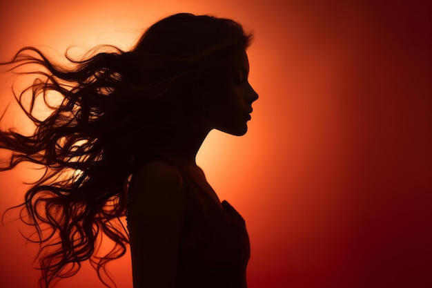 silueta de una hermosa mujer con el pelo ondeando al viento