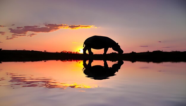 Foto silueta de un hipopótamo en un lago al atardecer