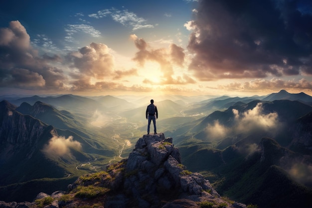 Silueta de un hombre en un acantilado disfrutando de la vista de la puesta de sol en las montañas durante el verano