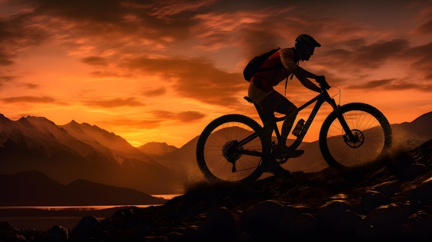 Foto silueta de un hombre en bicicleta de montaña vista del atardecer