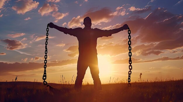 Foto silueta de hombre con cadena libertad adoración y oración arrepentirse