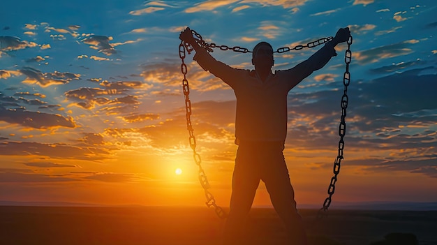 Foto silueta de hombre con cadena libertad adoración y oración arrepentirse