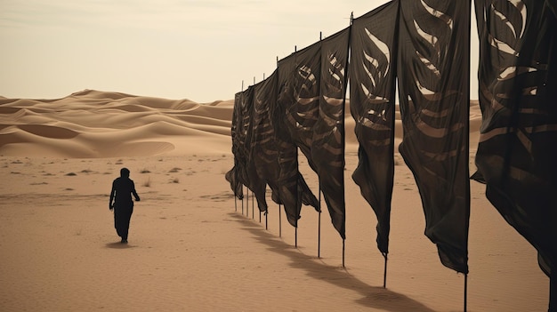 Foto silueta de un hombre caminando por el desierto con banderas negras
