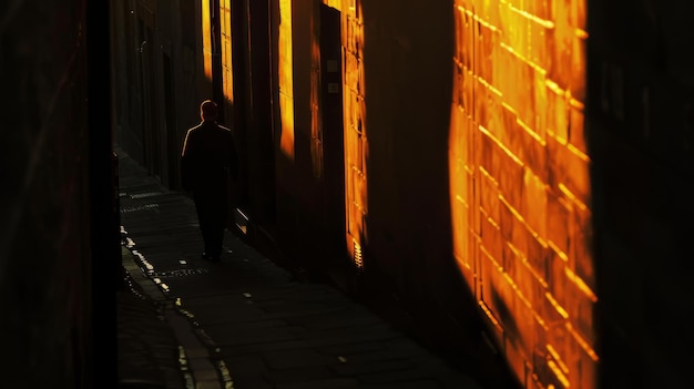 Foto silueta de un hombre caminando en un estrecho callejón iluminado por la luz dorada del sol