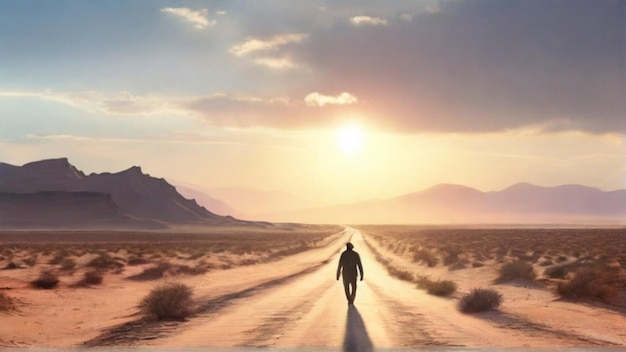 Foto silueta de un hombre caminando en medio del desierto