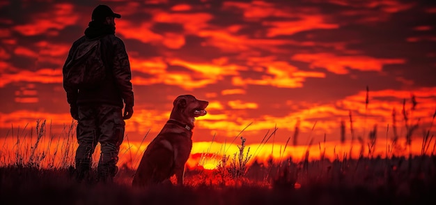 silueta de un hombre cazador de pie con un perro en el campo por la mañana al amanecer en otoño caza en la naturaleza silvestre
