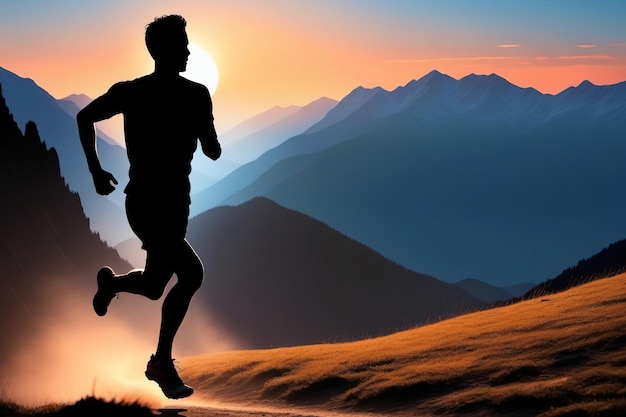 Foto silueta de un hombre corriendo en las montañas al atardecer poster de concepto de estilo de vida saludable