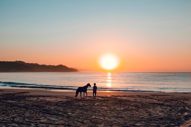 Silueta de un hombre dando un paseo a caballo al amanecer en la playa