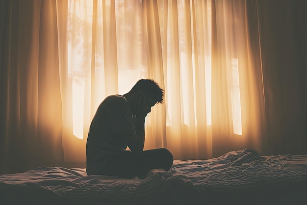 Foto silueta hombre deprimido tristemente sentado en la cama en el concepto de depresión dormitorio