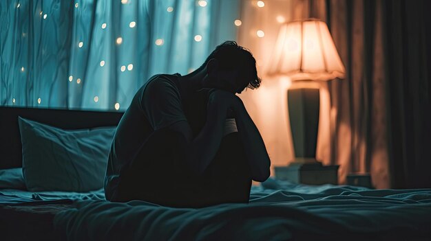 silueta hombre deprimido tristemente sentado en la cama en el concepto de depresión dormitorio