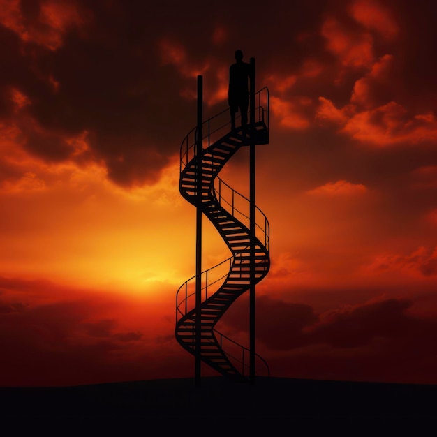 silueta de un hombre escalando una escalera y puesta de sol