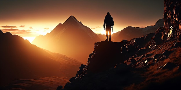 Silueta de hombre escalando montañas senderismo libertad y concepto de viaje Sunset Generative Ai