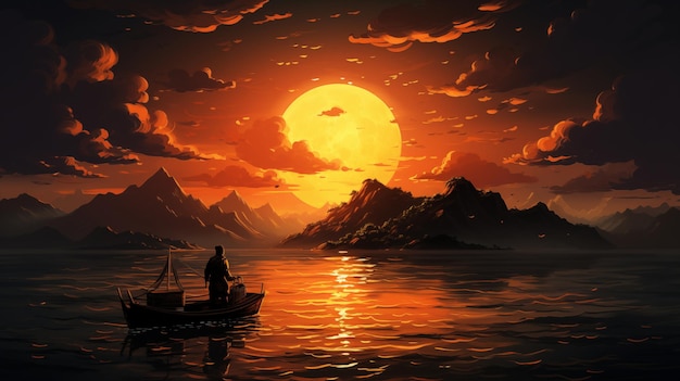 Silueta de un hombre flotando en un barco en el lago con puesta de sol en el fondo
