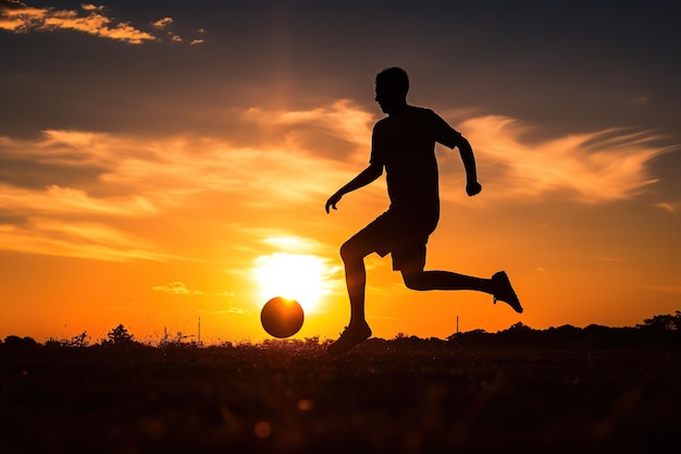 Silueta de un hombre jugando al fútbol en la puesta de sol de la hora dorada