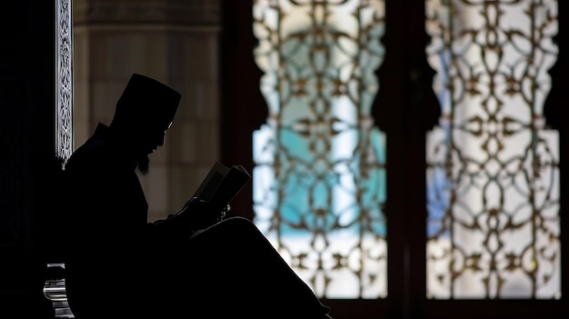 Foto silueta de un hombre leyendo el corán