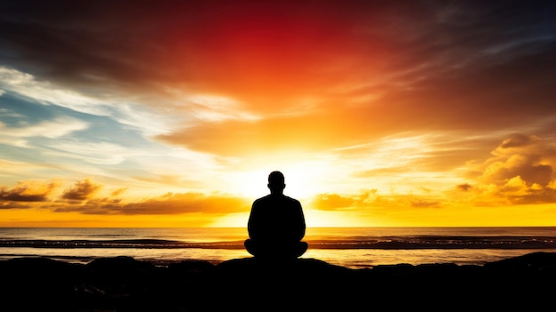 Silueta del hombre meditando en posición de loto sentado yoga en la mañana atención plena en la naturaleza