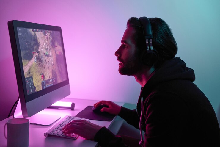 Foto silueta de un hombre mirando el monitor de la computadora mientras juega contra un fondo colorido