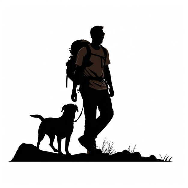 Foto silueta de un hombre con una mochila y un perro en una colina ai generativo