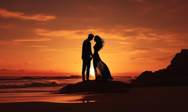 una silueta de un hombre y una mujer besándose en una roca al atardecer
