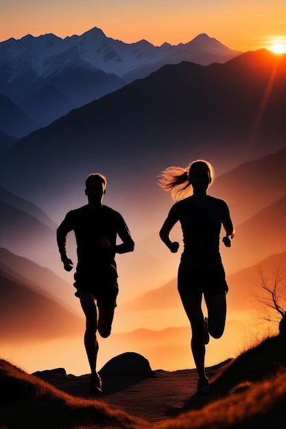 Silueta de un hombre y una mujer corriendo en las montañas al atardecer Poster de concepto de estilo de vida saludable